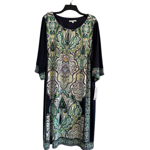 Studio One NY Elegant Shift Dress Size 24W Multicolor Whimsical 3/4 Sleeves NWT - Picture 1 of 17